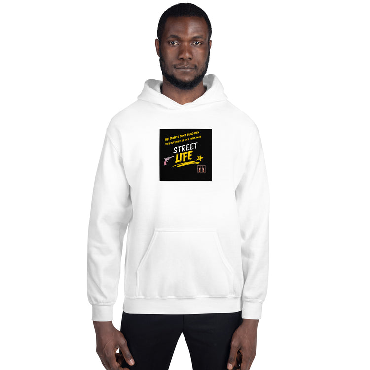 White unisex hoodie with hood and centered chest graphic, kangaroo pocket
