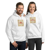 White unisex hoodie with front pocket, drawstring hood, gold square graphic print.