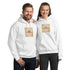 White unisex hoodie with front pocket, drawstring hood, gold square graphic print.