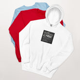 White hoodie with hood and front pouch pocket, chest graphic label