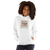 White unisex hoodie with centered chest graphic, front view