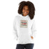 White unisex hoodie with centered chest graphic, front view