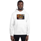 White unisex pullover hoodie, front view with hood and colorful center chest graphic
