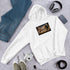 Unisex white hoodie with kangaroo pocket, chest graphic, and draped hood