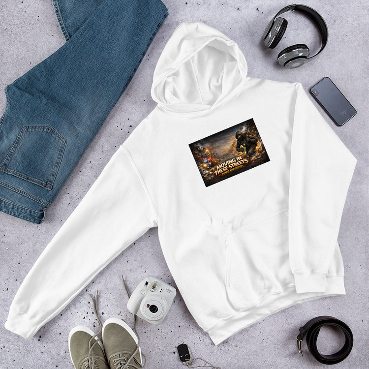 Unisex white hoodie with kangaroo pocket, chest graphic, and draped hood