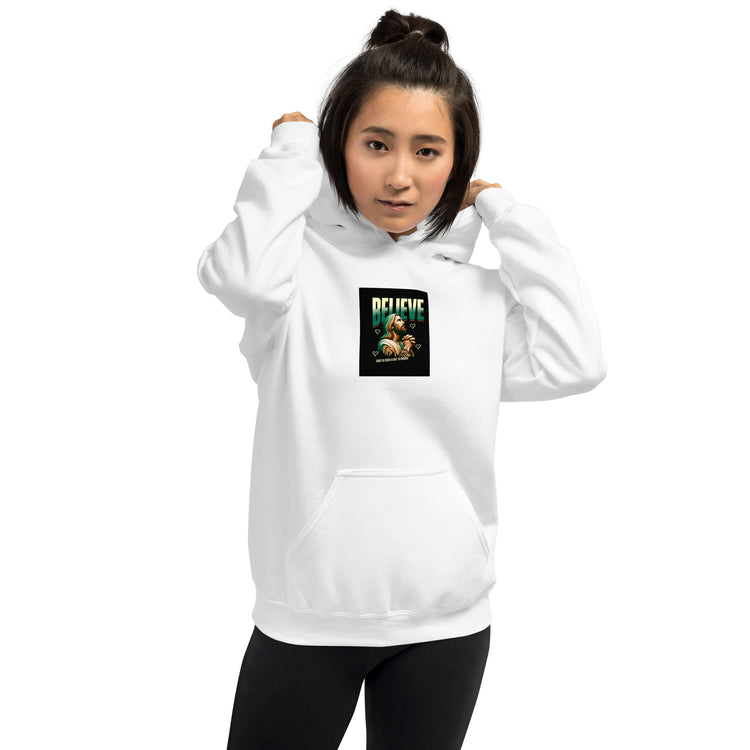 White unisex pullover hoodie with hood, kangaroo pocket, front graphic