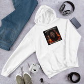 White unisex hoodie with kangaroo pocket, front hood, and chest graphic