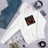 White unisex hoodie with kangaroo pocket, front hood, and chest graphic