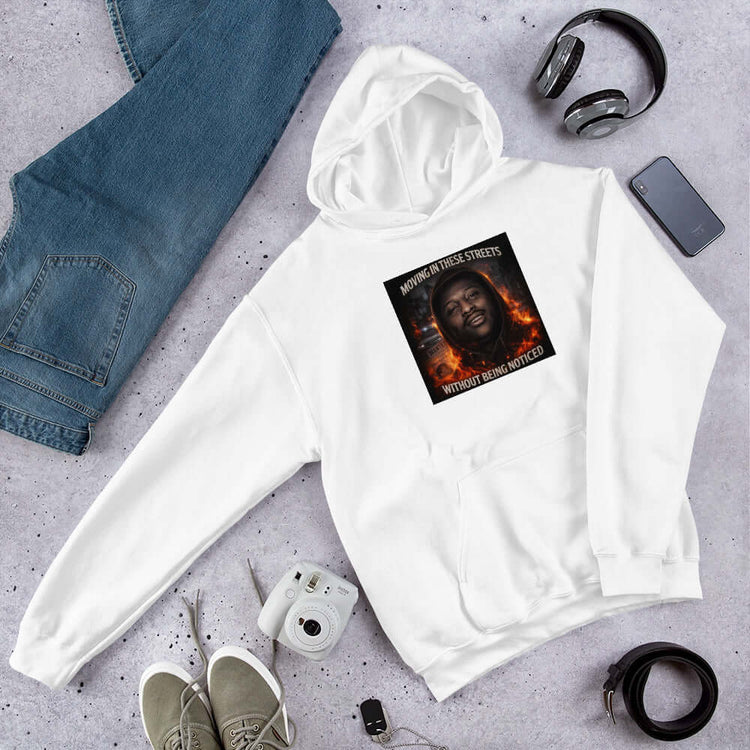 White unisex hoodie with kangaroo pocket, front hood, and chest graphic