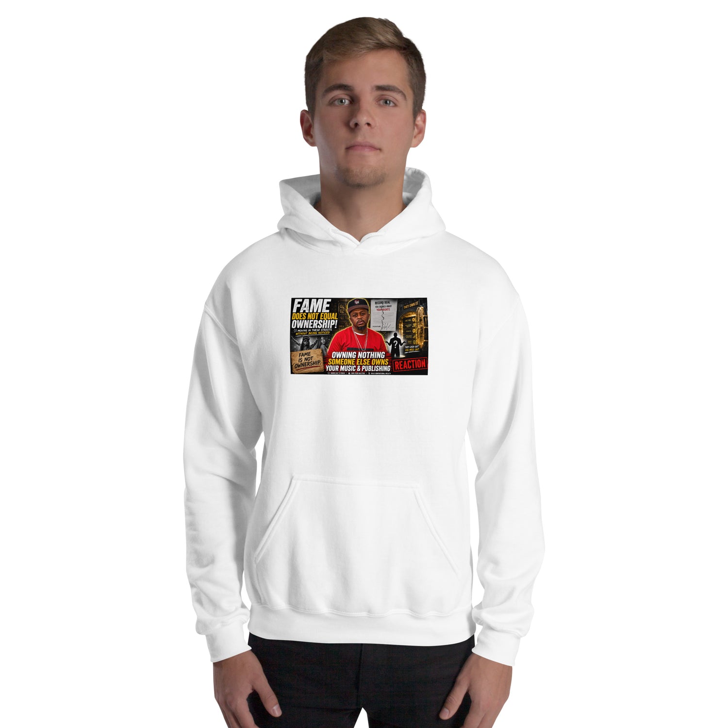 Unisex white hoodie with front chest graphic print and kangaroo pocket.