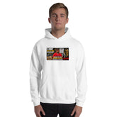 Unisex white hoodie with front chest graphic print and kangaroo pocket.