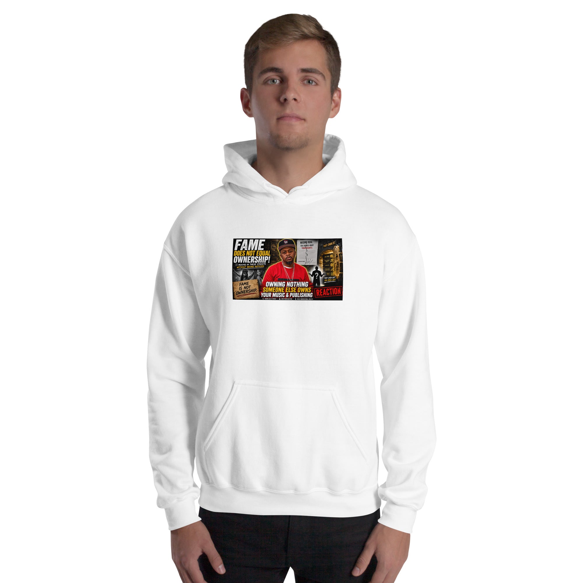 Unisex white hoodie with front chest graphic print and kangaroo pocket.