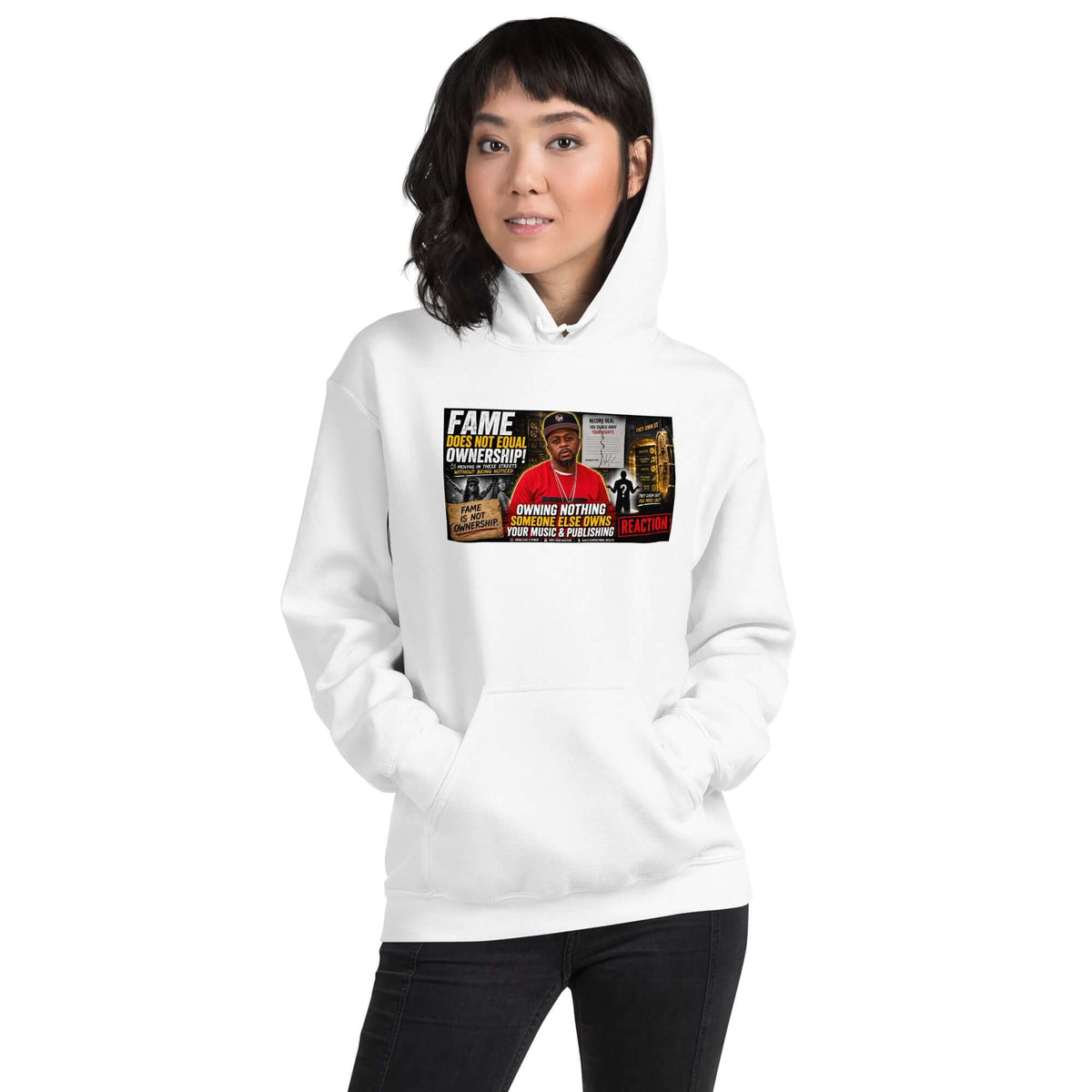 White pullover hoodie with front graphic print and kangaroo pocket