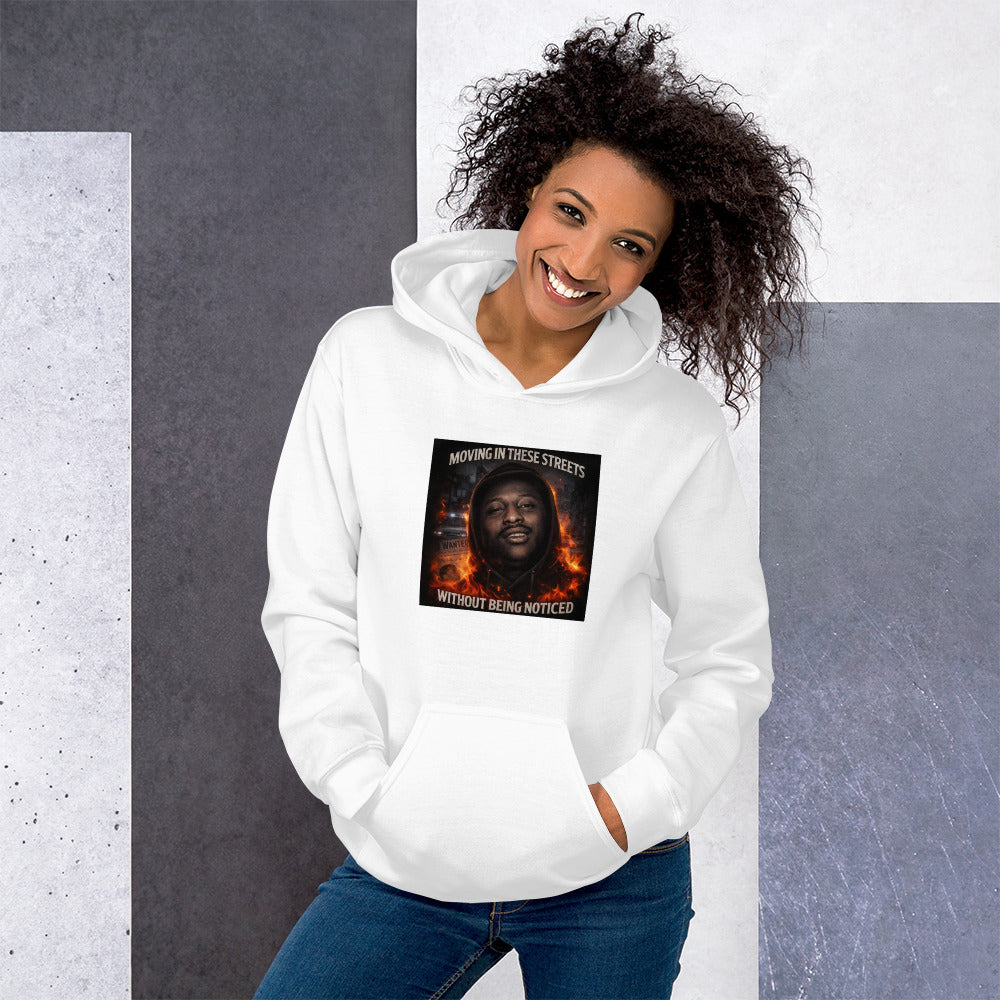 White streetwear hoodie with front graphic print, pullover hood, and kangaroo pocket.
