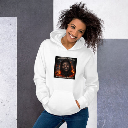 White streetwear hoodie with front graphic print, pullover hood, and kangaroo pocket.