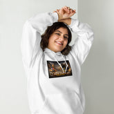 White pullover hoodie with hood, front pocket, and colorful street graphic on chest