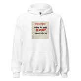 White unisex pullover hoodie with hood, front pouch pocket, and center graphic text print