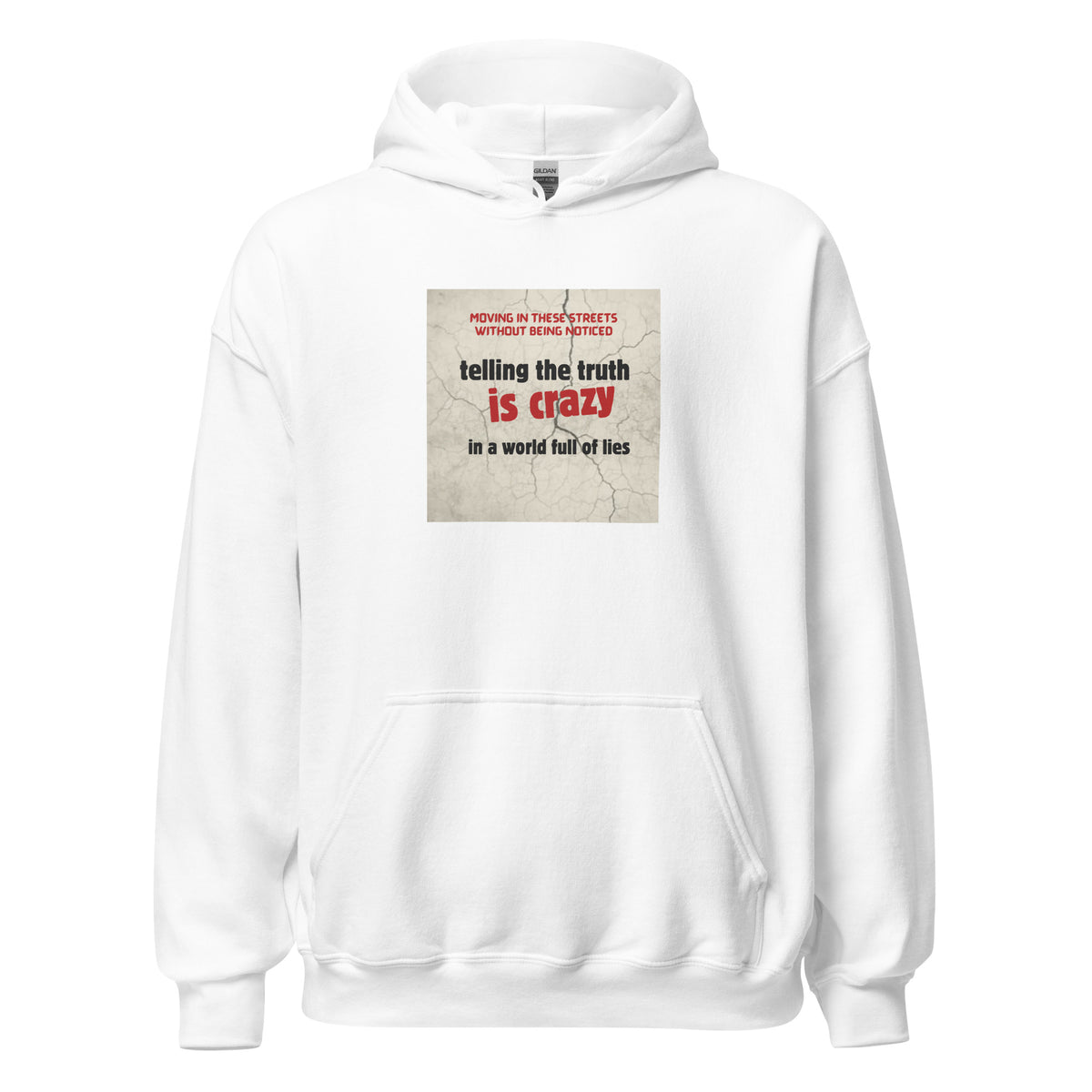 White unisex pullover hoodie with hood, front pouch pocket, and center graphic text print