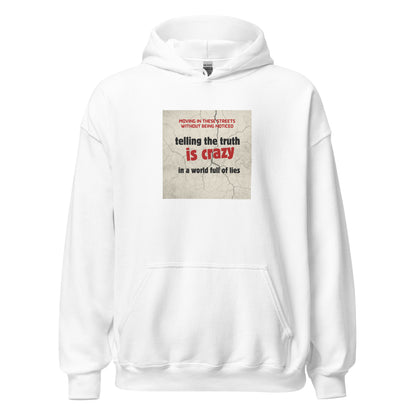 White unisex pullover hoodie with hood, front pouch pocket, and center graphic text print