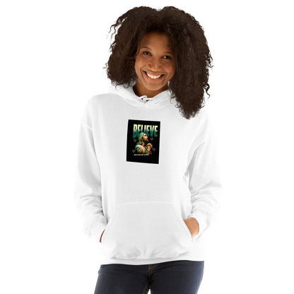 White pullover hoodie with front kangaroo pocket and graphic logo on chest