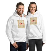 Unisex white streetwear hoodie with front “AMERICA” graphic print, kangaroo pocket.