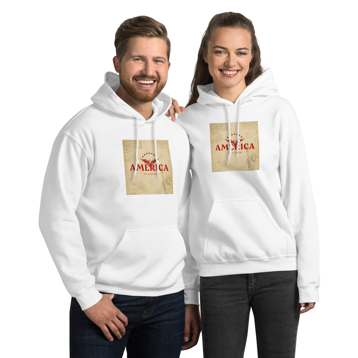 Unisex white streetwear hoodie with front “AMERICA” graphic print, kangaroo pocket.