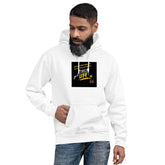 White unisex pullover hoodie with hood, kangaroo pocket, and front graphic patch