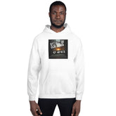 White pullover hoodie with front square graphic and kangaroo pocket