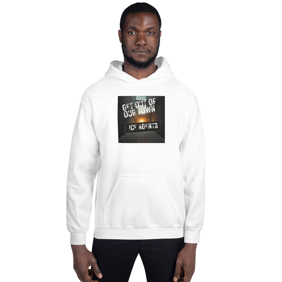 White pullover hoodie with front square graphic and kangaroo pocket