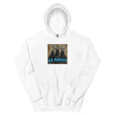 White pullover hoodie with front graphic logo print and kangaroo pocket
