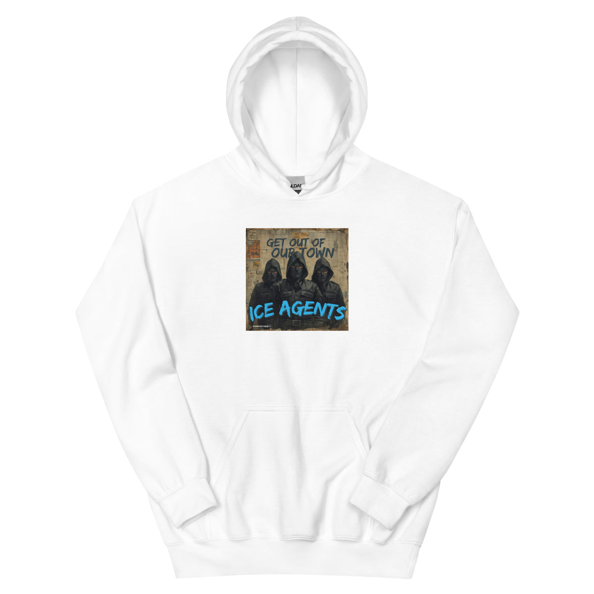 White pullover hoodie with front graphic logo print and kangaroo pocket