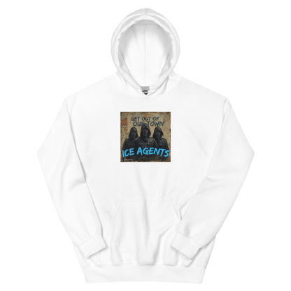 White pullover hoodie with front graphic logo print and kangaroo pocket