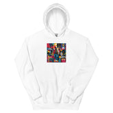 White pullover hoodie with colorful square graphic on the chest