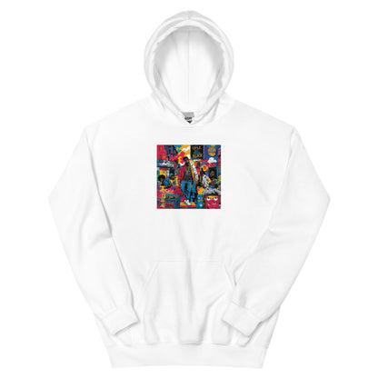 White pullover hoodie with colorful square graphic on the chest
