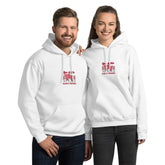 White pullover hoodie with hood and front pocket, square chest graphic print.