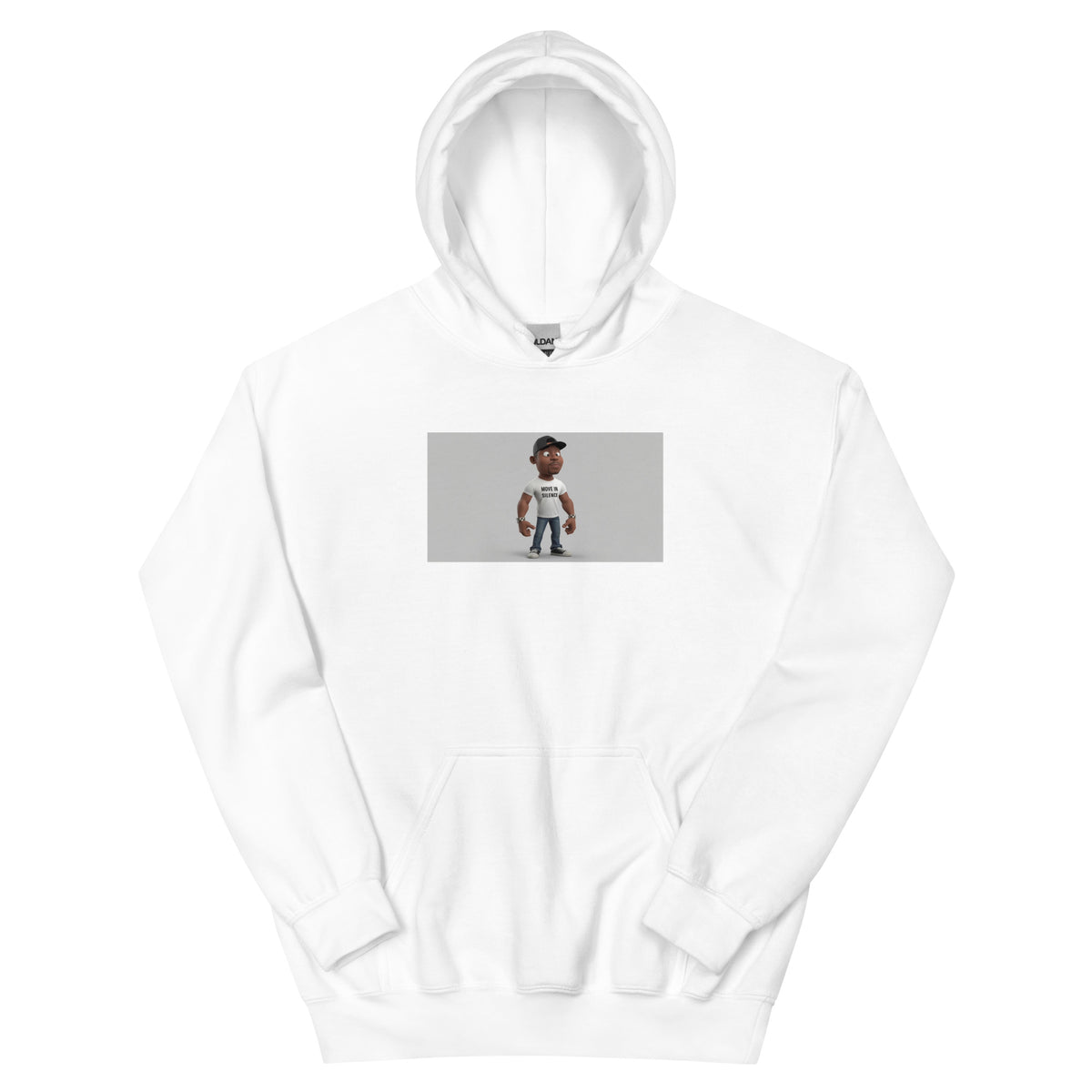 White unisex pullover hoodie with centered graphic print and kangaroo pocket