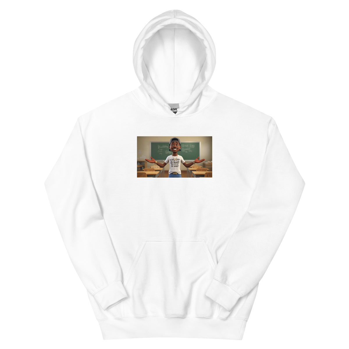 White pullover hoodie with kangaroo pocket, adjustable hood, and small chest graphic.