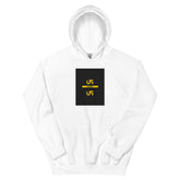 Unisex white pullover hoodie with yellow “US” chest graphic and front pouch pocket