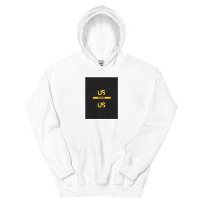 Unisex white pullover hoodie with yellow “US” chest graphic and front pouch pocket