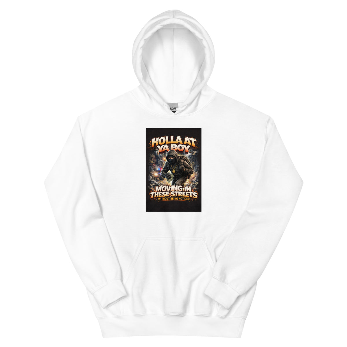 White pullover hoodie with front graphic print and kangaroo pocket