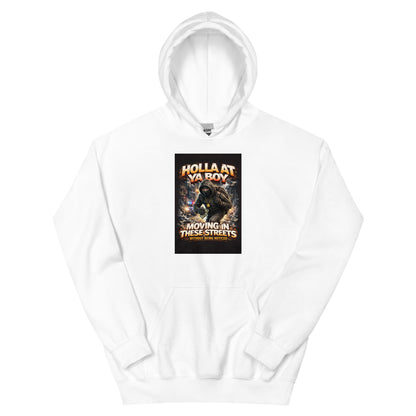 White pullover hoodie with front graphic print and kangaroo pocket