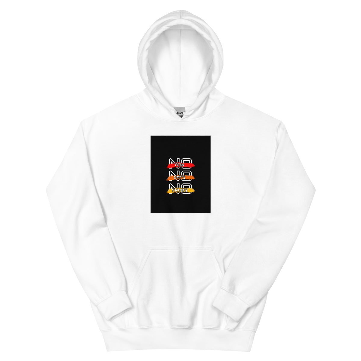White pullover hoodie with front square logo graphic and hood drawstring.