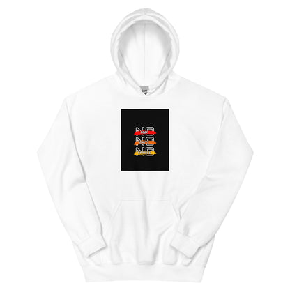 White pullover hoodie with front square logo graphic and hood drawstring.