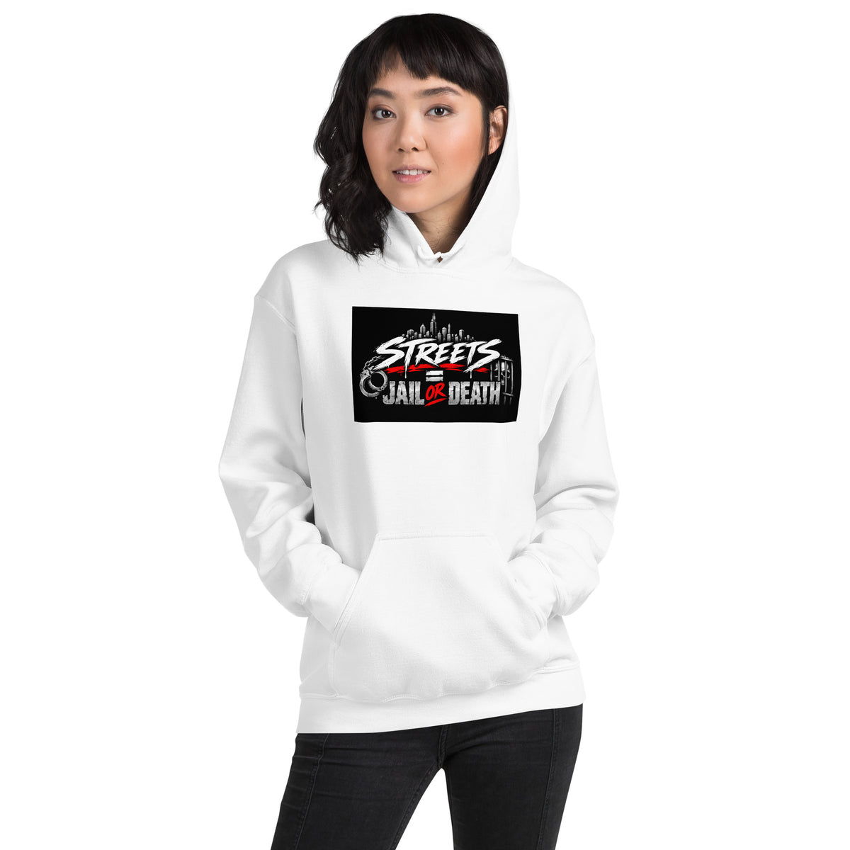 Unisex white hoodie with hood, front pocket, and Streets Jail or Death graphic on chest.