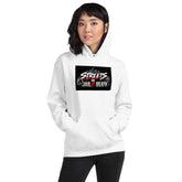 Unisex white hoodie with hood, front pocket, and Streets Jail or Death graphic on chest.