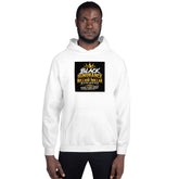 White unisex hoodie front view with hood, kangaroo pocket, and chest graphic