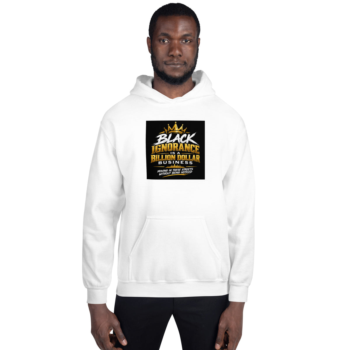 White unisex hoodie front view with hood, kangaroo pocket, and chest graphic