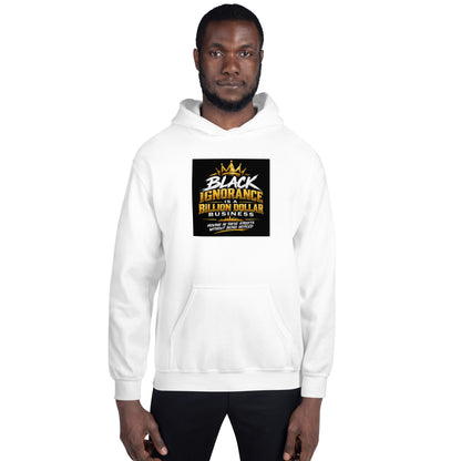White unisex hoodie front view with hood, kangaroo pocket, and chest graphic