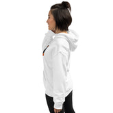 White unisex hoodie side view with hood and sleeve graphic detail
