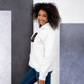 White unisex hoodie with front graphic print and kangaroo pocket, long sleeves